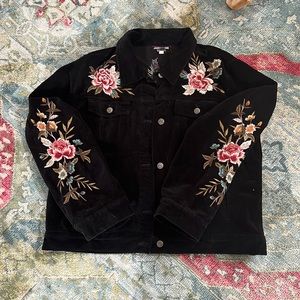 Johnny Was Black cotton velvet short jacket with embroidered flowers Medium